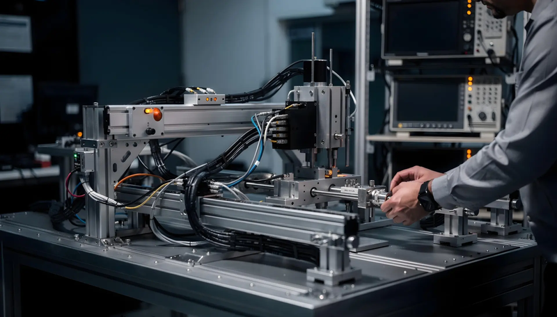 Banco de pruebas mecatrónico con posicionador de precisión e instrumentación de medida en laboratorio de validación aeronáutica.