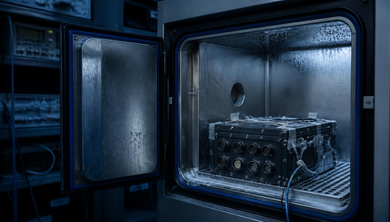 Unidad electrónica ruggerizada instrumentada con termopares dentro de una cámara climática abierta, con escarcha residual y racks de instrumentación al fondo.