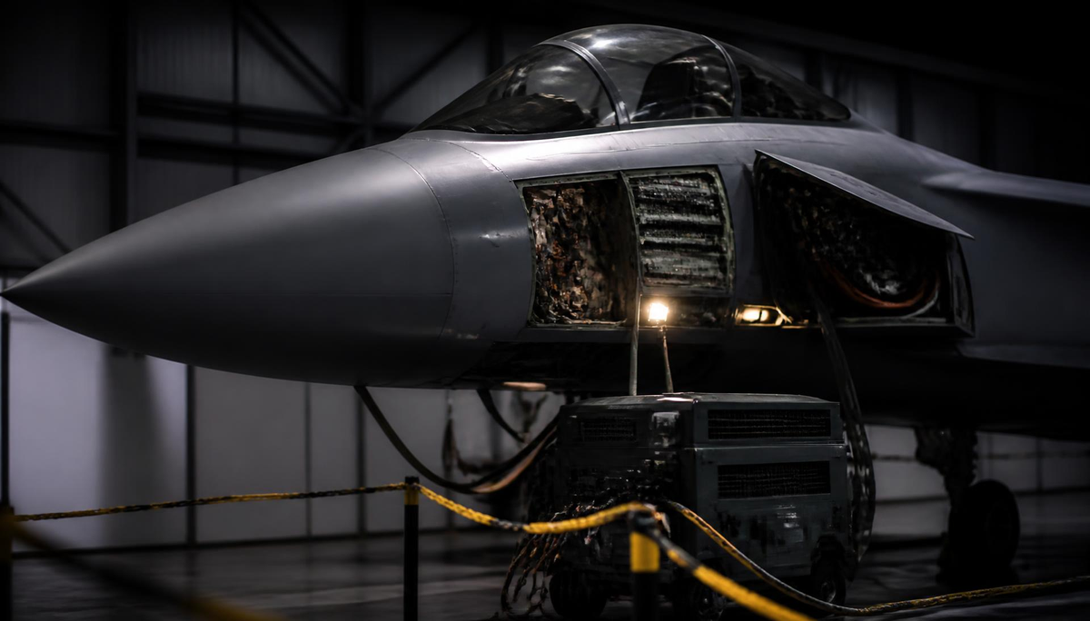 Caza en hangar con el compartimento de aviónica abierto y un carro de equipos de apoyo en tierra conectado mediante mazos de cableado.