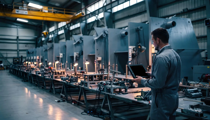 Línea de subconjuntos de acero galvanizado bajo pórtico grúa en un taller de fabricación naval.