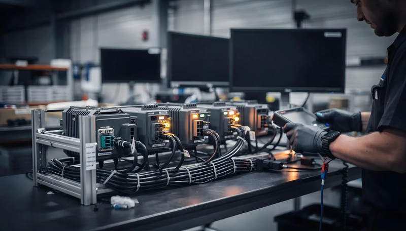 Banco de integración de electrónica embarcada con unidades de control y mazo de cableado.