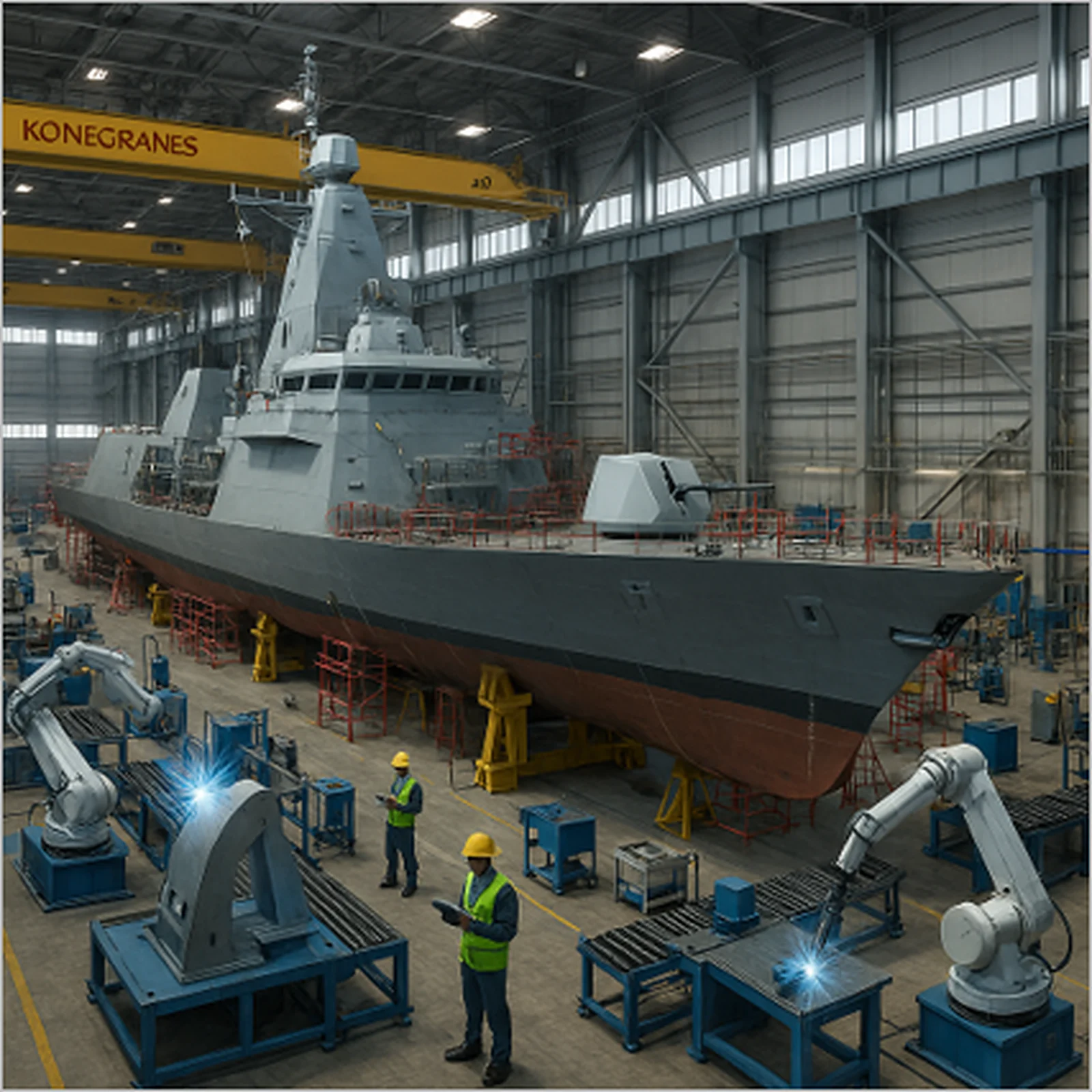 Military vessel under construction inside a Navantia shipyard.