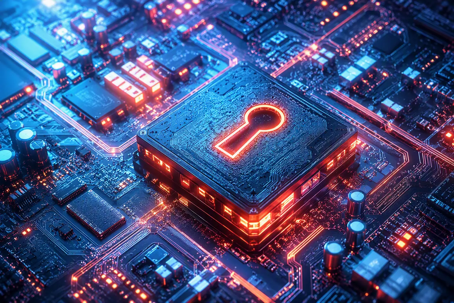Processor on a printed circuit board with a glowing keyhole, symbolising advanced cyberdefence.