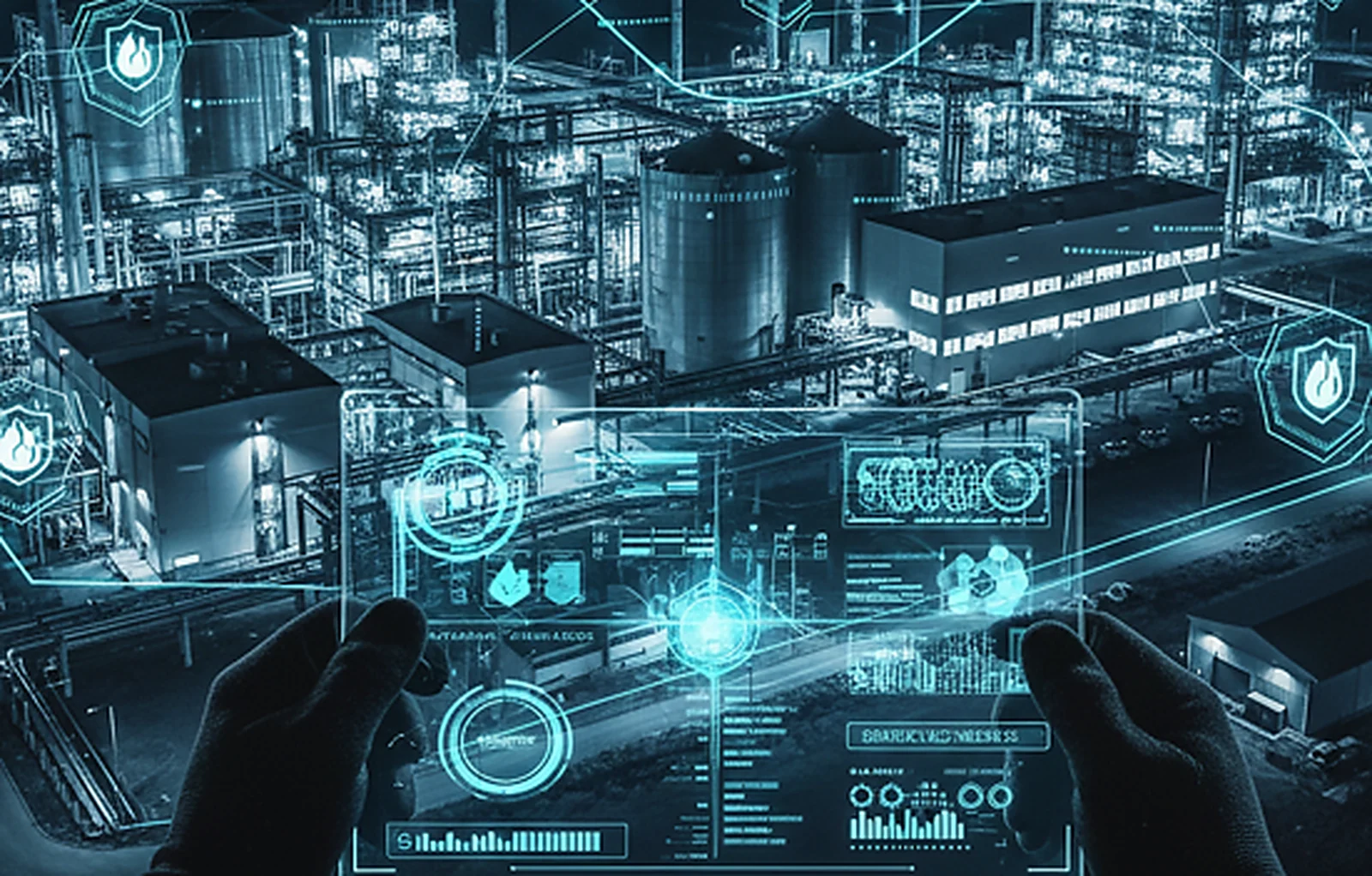 Digitised industrial environment with data visualisation and connected infrastructure.