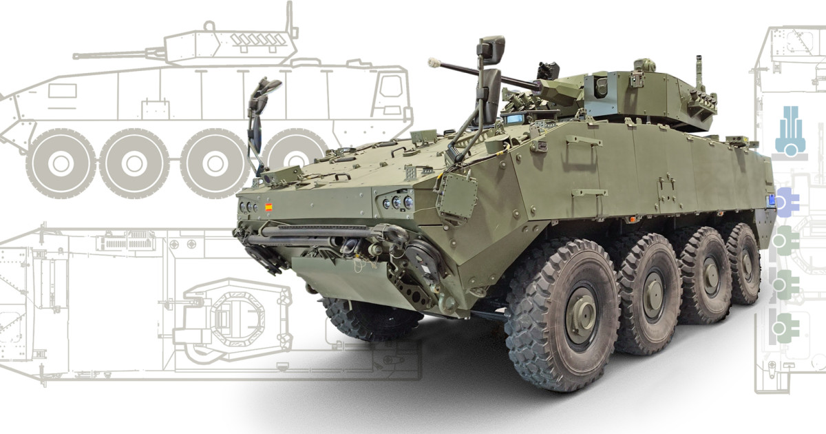 SAPA 8x8 armoured vehicle against a technical drawing background.