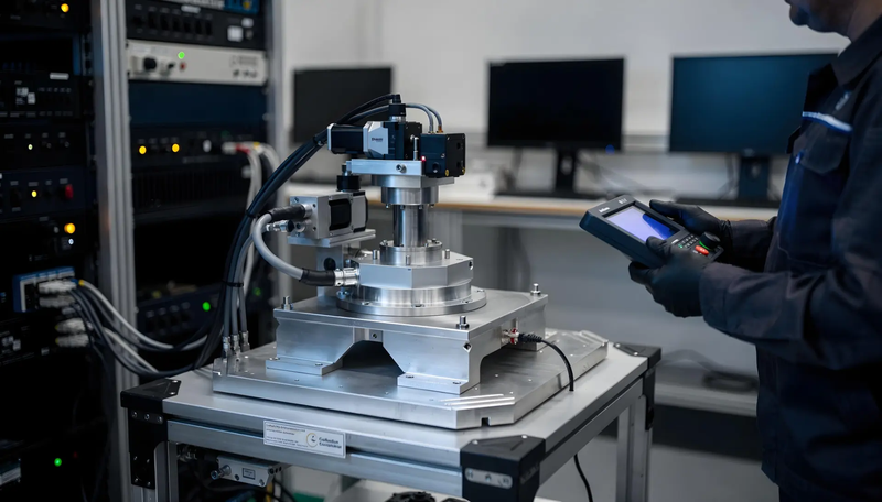 Banco de pruebas a medida con posicionador rotativo y equipo bajo ensayo en laboratorio de aviónica.