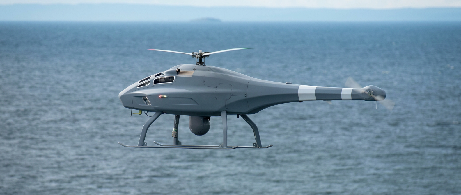 Unmanned helicopter flying over the sea.